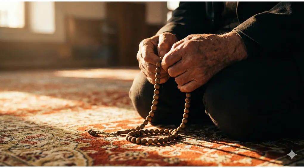 Tangan seorang pria tua menggenggam tasbih kayu di atas karpet masjid, melambangkan keteguhan menahan diri dari hal-hal yang membatalkan i'tikaf.