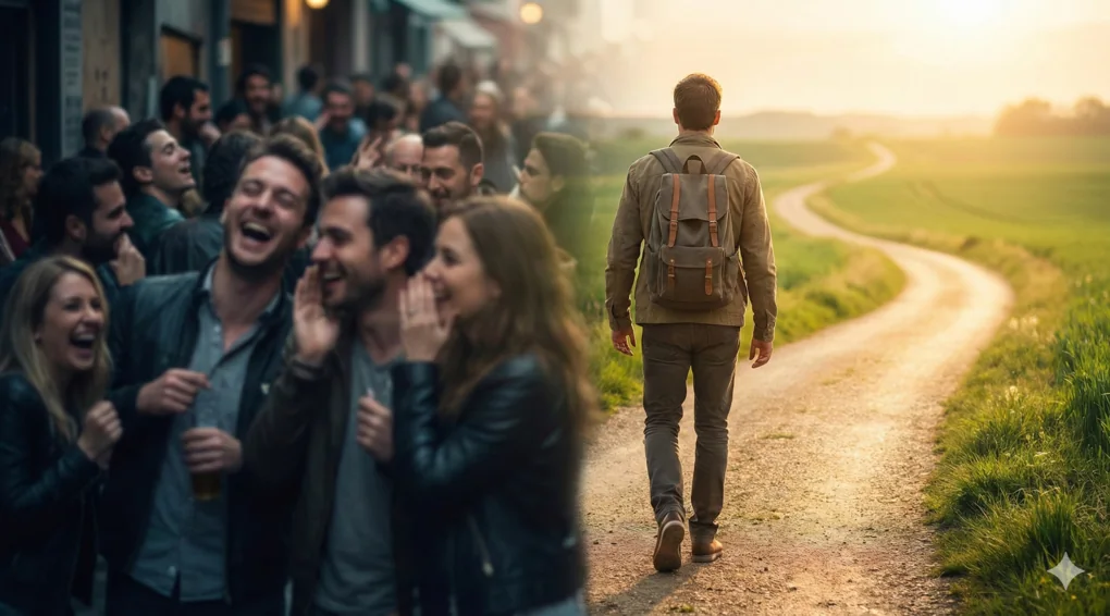 Fiqih Taubat Haqqul Adami: Cara Mengembalikan Hak & Meminta Maaf 5 Pria dengan tas punggung berjalan menjauh dari kerumunan orang yang sedang tertawa dan bergosip, memilih jalan setapak yang tenang menuju cahaya.