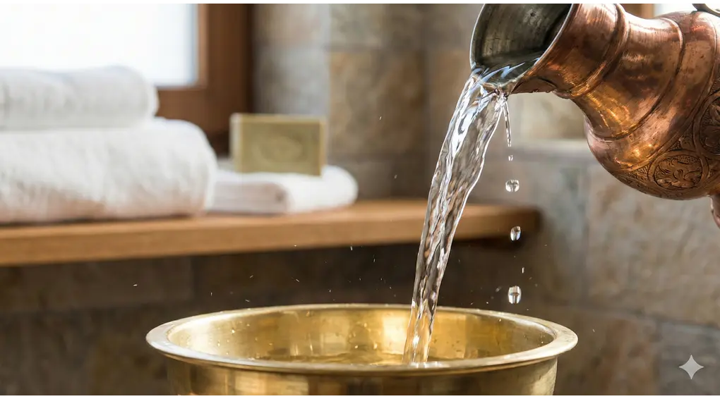 Fresh, clear water being poured from a traditional copper vessel into a brass bowl, splashing under natural light, with clean bathroom amenities in the blurred background.
