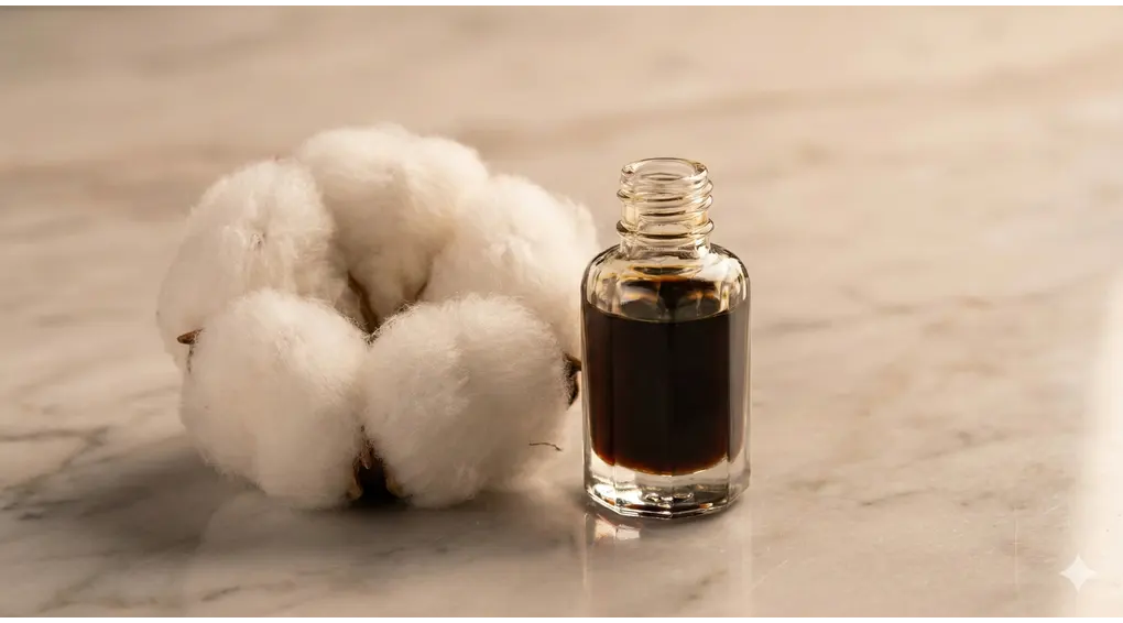 Rules, Conditions, and Method of Ghusl in Shafi'i Fiqh (Kaifiyah al-Ghusl) 4 A small glass bottle containing musk perfume placed next to soft white cotton on a marble surface.