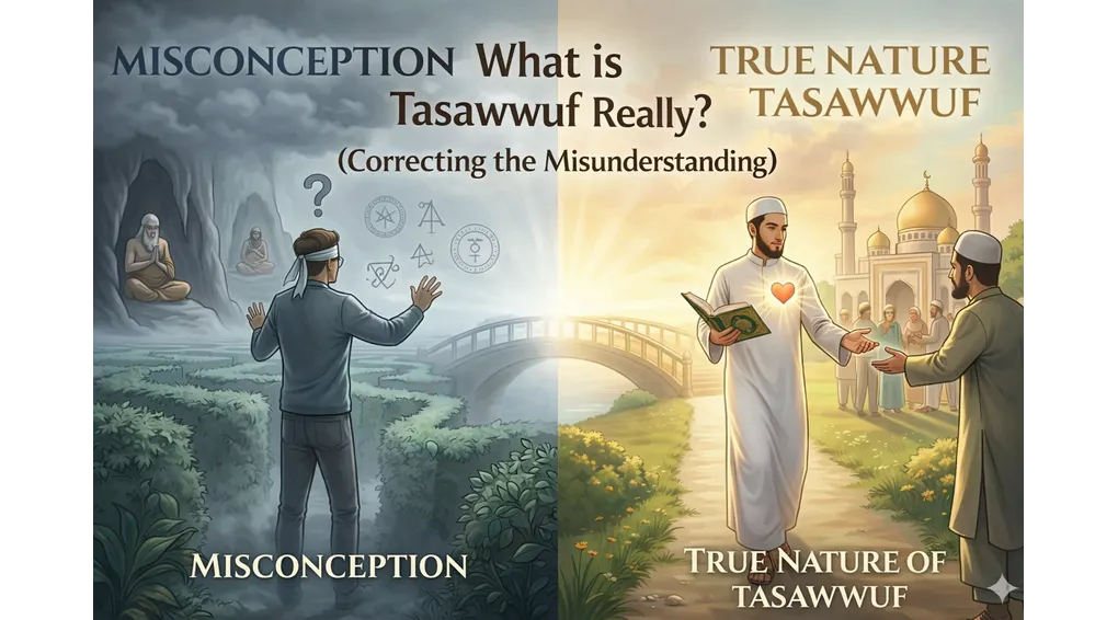 Why the Science of Tasawwuf is Fard al-Ayn: The Secret to a Peaceful Heart 2 Illustration contrasting misconceptions about tasawwuf with its true meaning as Islamic spiritual purification guided by the Quran and righteous scholars.