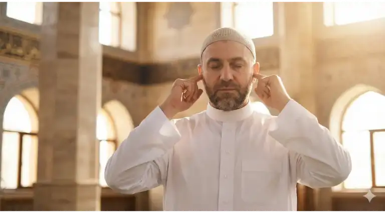 Shafi'i School of Jurisprudence: The Complete Guide to Islamic Law, Prayers, and Tasawuf 1 A medium close-up photo of a Muslim muadhin in a mosque, calling the Adhan with a focused expression and placing his index fingers in his ears according to the Sunnah.