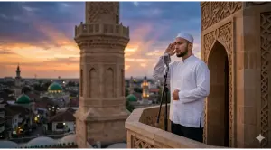 Home 13 A neatly dressed Muslim man in a white koko shirt and peci performing the Adhan (call to prayer) into a microphone from a mosque minaret balcony at sunset.
