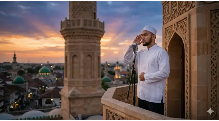 Shafi'i School of Jurisprudence: The Complete Guide to Islamic Law, Prayers, and Tasawuf 1 A neatly dressed Muslim man in a white koko shirt and peci performing the Adhan (call to prayer) into a microphone from a mosque minaret balcony at sunset.