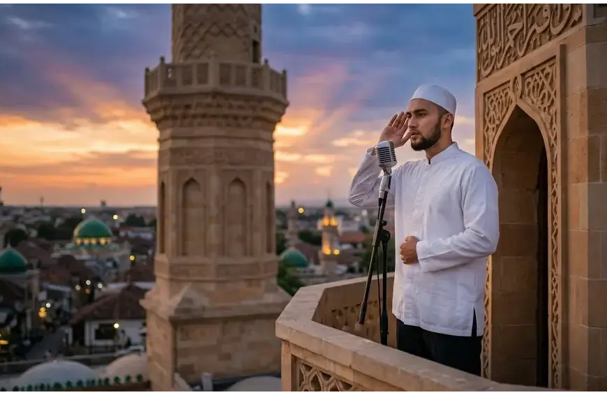 Home 7 A neatly dressed Muslim man in a white koko shirt and peci performing the Adhan (call to prayer) into a microphone from a mosque minaret balcony at sunset.