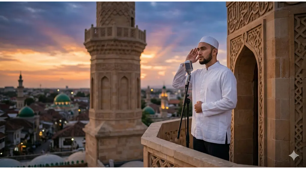 A neatly dressed Muslim man in a white koko shirt and peci performing the Adhan (call to prayer) into a microphone from a mosque minaret balcony at sunset.