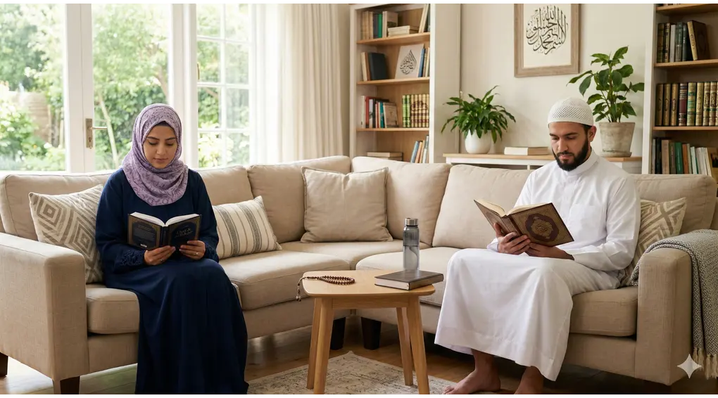 The Jurisprudential Ruling on Masturbation While Fasting and Limits of Physical Contact 3 A photograph of a Muslim woman in a blue hijab and a Muslim man in a white thobe sitting on opposite ends of an L-shaped sofa sectional in a bright, sunlit living room. They are both engrossed in reading their scriptures berjarak, with a rehal stand in the foreground.