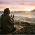 A serene photograph of a Muslim sitting on a prayer mat on a hill at dawn, raising hands in supplication, symbolizing total surrender to Allah through the dhikr of Hauqolah.