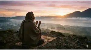 Home 27 A serene photograph of a Muslim sitting on a prayer mat on a hill at dawn, raising hands in supplication, symbolizing total surrender to Allah through the dhikr of Hauqolah.