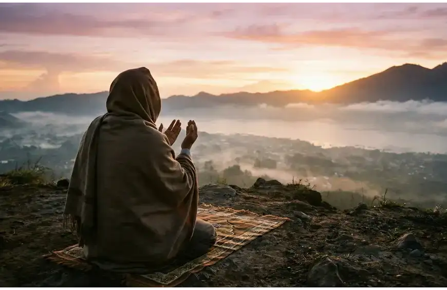 A serene photograph of a Muslim sitting on a prayer mat on a hill at dawn, raising hands in supplication, symbolizing total surrender to Allah through the dhikr of Hauqolah.
