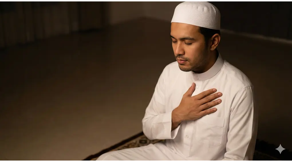 Complete Guide to the Ramadan Fasting Intention and Its Meanings: Arabic, Transliteration, and Fiqh Rulings 2 A Muslim man in white sitting on a prayer mat at night, placing his right hand on his left chest with closed eyes, symbolizing the fasting intention within the heart.