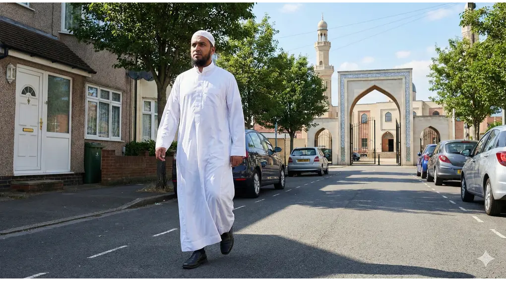 Invalidators of I'tikaf and Rulings on Leaving the Mosque (Shafi'i Fiqh) 4 A photograph of a Muslim man walking back towards a mosque entrance after temporarily leaving for a valid need at home, illustrating the concept of returning promptly to maintain I'tikaf.