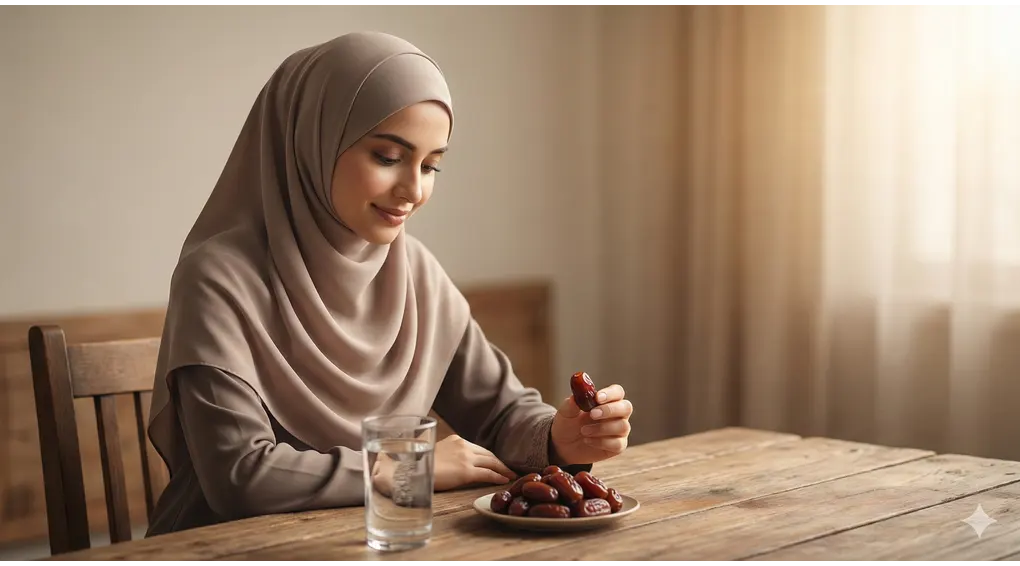 Complete Guide to the Ramadan Fasting Intention and Its Meanings: Arabic, Transliteration, and Fiqh Rulings 4 A hijabi Muslim woman sitting at a wooden table holding a date during suhoor, with a calm expression of conscious intent to fast.