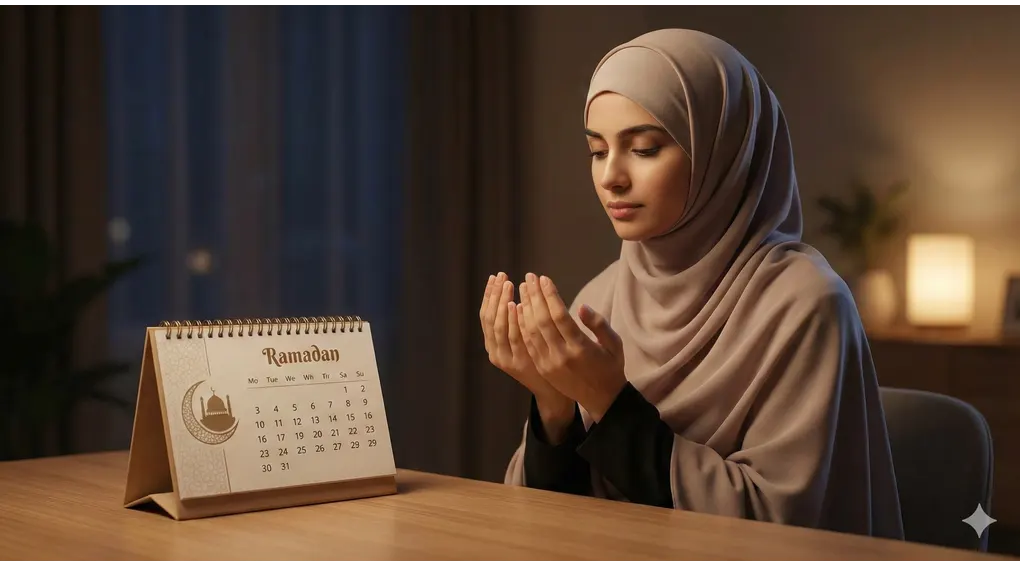 Complete Guide to the Ramadan Fasting Intention and Its Meanings: Arabic, Transliteration, and Fiqh Rulings 3 A hijabi Muslim woman raising hands in prayer at night in front of a Ramadan desk calendar, symbolizing the full-month fasting intention.