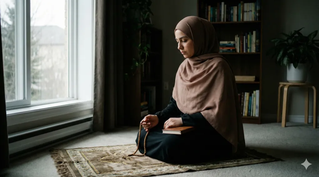 A Muslim woman in a hijab sitting on a prayer mat by a window with soft light, holding tasbih beads and looking downwards in deep self-reflection (muhasabah).