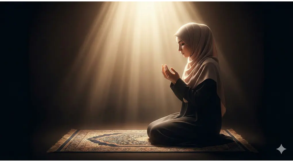 Prophet's Ramadan Sermon: The Hadith of Salman al-Farisi & the Virtues of Fasting 2 devout Muslim woman wearing a modest hijab sitting respectfully on a prayer mat with hands raised in deep supplication, illuminated by a soft, ethereal light from above.