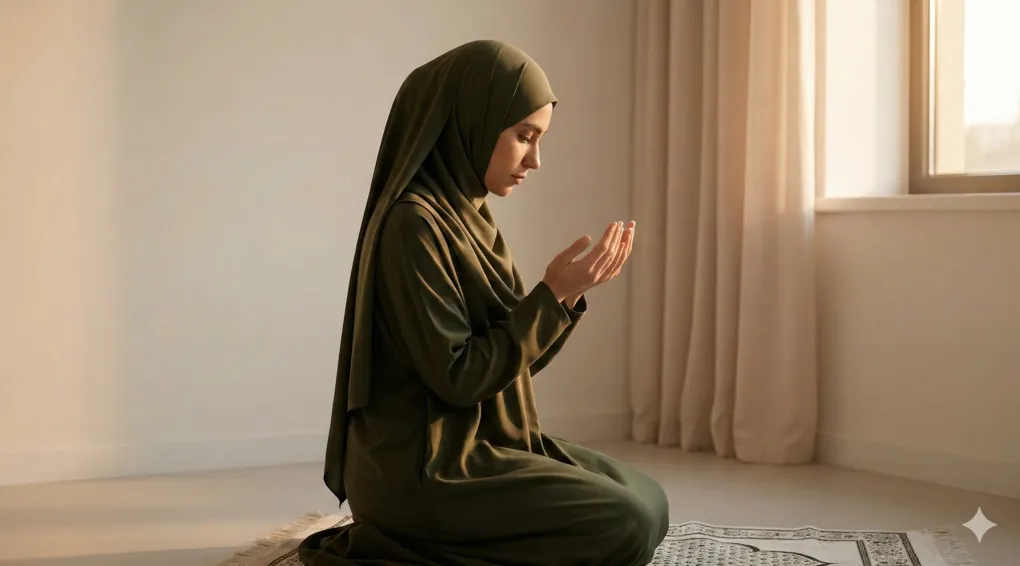 Kumpulan Doa Berbuka Puasa Sesuai Sunnah Berdasarkan Kitab Kanzun Najah was Surur 2 Seorang Muslimah berpakaian rapi dan berhijab syar'i duduk di atas sajadah, mengangkat tangannya berdoa dengan sungguh-sungguh di bawah cahaya senja yang hangat.