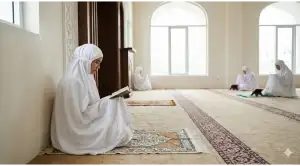 Kajian Fiqh Madzhab Syafi'i: Panduan Lengkap Hukum Islam, Doa, dan Tasawuf 5 Foto seorang wanita muslimah duduk khusyuk membaca Al-Qur'an di sudut area khusus wanita di dalam masjid yang tenang dengan pencahayaan alami, menggambarkan suasana i'tikaf.