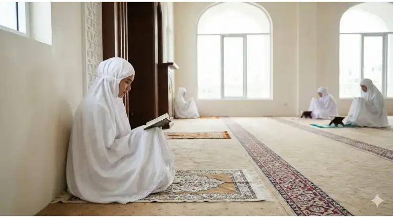 Home 21 Foto seorang wanita muslimah duduk khusyuk membaca Al-Qur'an di sudut area khusus wanita di dalam masjid yang tenang dengan pencahayaan alami, menggambarkan suasana i'tikaf.