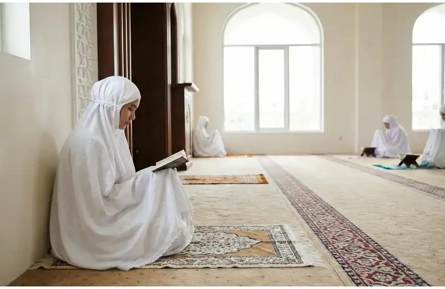 Home 7 Foto seorang wanita muslimah duduk khusyuk membaca Al-Qur'an di sudut area khusus wanita di dalam masjid yang tenang dengan pencahayaan alami, menggambarkan suasana i'tikaf.