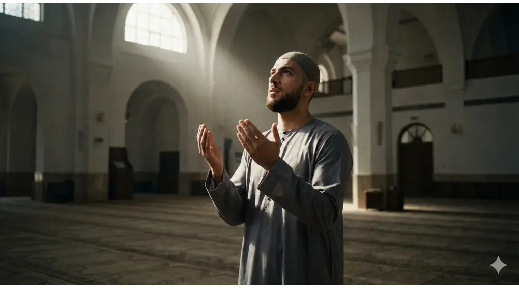 Pria Muslim mengangkat tangan berdoa dengan sungguh-sungguh saat memulai ibadah i'tikaf di dalam masjid.