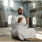 Seorang pria Muslim duduk khusyuk memegang tasbih di dalam masjid yang disinari cahaya matahari, melambangkan kesungguhan niat saat mengucapkan nadzar i'tikaf.