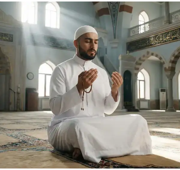 Home 3 Seorang pria Muslim duduk khusyuk memegang tasbih di dalam masjid yang disinari cahaya matahari, melambangkan kesungguhan niat saat mengucapkan nadzar i'tikaf.