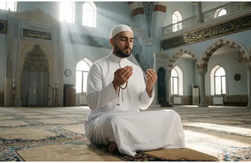 Home 1 Seorang pria Muslim duduk khusyuk memegang tasbih di dalam masjid yang disinari cahaya matahari, melambangkan kesungguhan niat saat mengucapkan nadzar i'tikaf.