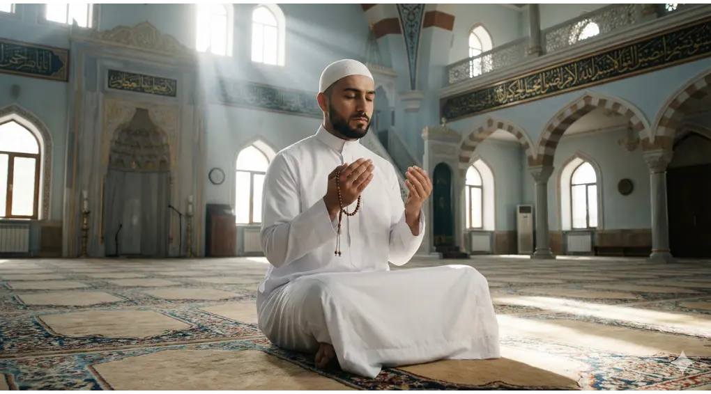 Hukum I'tikaf Nadzar dan Aturan Tatabbu' (Berturut-turut) Menurut Fiqih Syafi'i 1 Seorang pria Muslim duduk khusyuk memegang tasbih di dalam masjid yang disinari cahaya matahari, melambangkan kesungguhan niat saat mengucapkan nadzar i'tikaf.