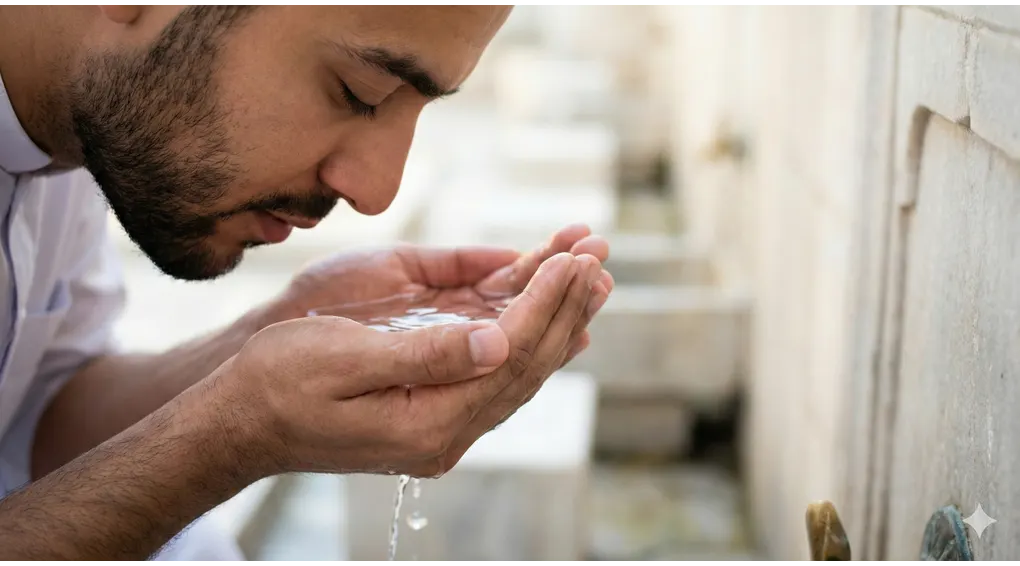 Farḍ al-Wuḍūʾ: The 6 Essential Pillars for Valid Worship We Must Understand 2 Close-up of a Muslim man with cupped water near his face, eyes closed in contemplation, symbolizing the internal intention (niyyah) for wudu.