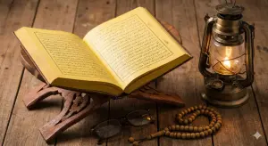 Home 17 "An open classical book on a traditional carved wooden stand, reading glasses, a string of tasbih beads, and a lit vintage brass lantern on a rustic wooden table surface."