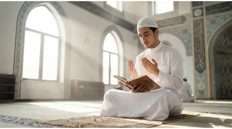 A student of knowledge dressed in a clean white koko shirt sitting with proper etiquette in a brightly lit mosque prior to a majlis of knowledge.