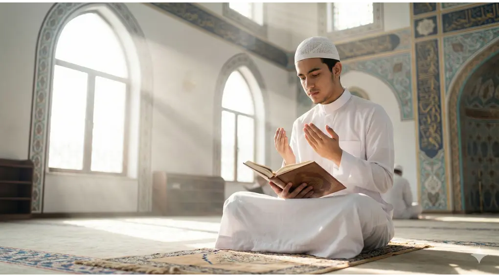 Pakaian Penuntut Ilmu: Sunnah Putih, Bersih & Wangi (Kajian Hadits Jibril) 1 A student of knowledge dressed in a clean white koko shirt sitting with proper etiquette in a brightly lit mosque prior to a majlis of knowledge.