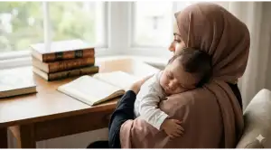 Home 11 Ibu muslimah berhijab menggendong bayi tidur dengan latar belakang kitab kuning, ilustrasi artikel fiqih menyusui.