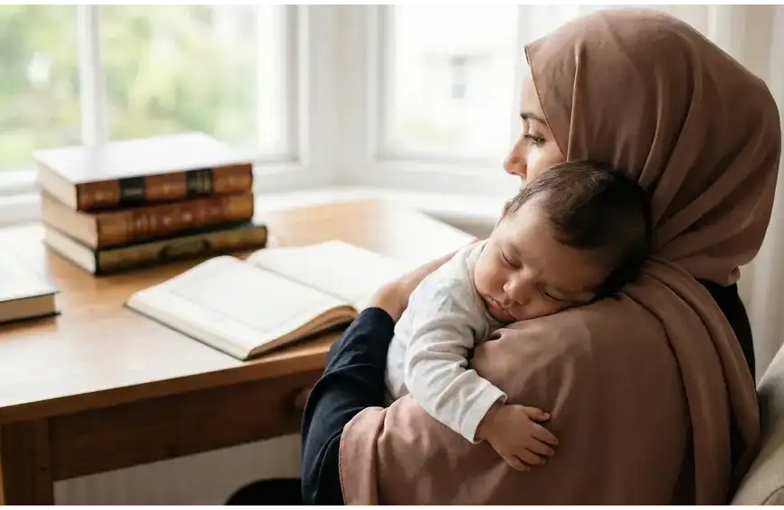 Home 15 Ibu muslimah berhijab menggendong bayi tidur dengan latar belakang kitab kuning, ilustrasi artikel fiqih menyusui.