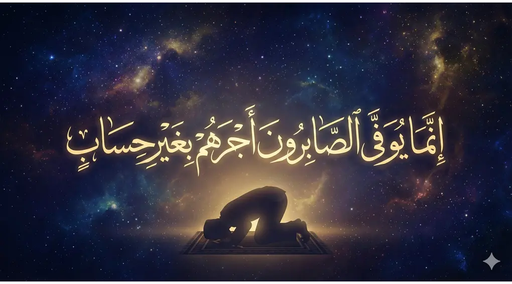The Believer and Disbeliever Fishing Story: Understanding Worldly Tests and Istidraj 4 Silhouette of a person in sujood under glowing calligraphy of Surah Az-Zumar verse 10 regarding the limitless reward for those who are patient during trials.
