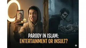 Home 9 Illustration comparing parody for entertainment with the harmful consequences of mocking others in Islam.