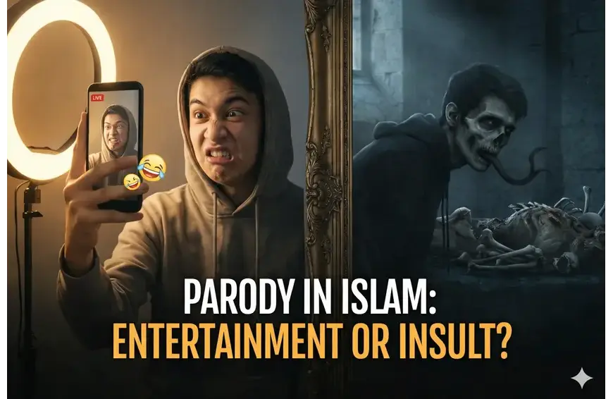 Illustration comparing parody for entertainment with the harmful consequences of mocking others in Islam.