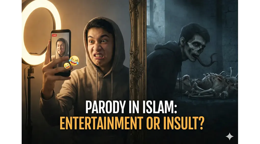 Illustration comparing parody for entertainment with the harmful consequences of mocking others in Islam.