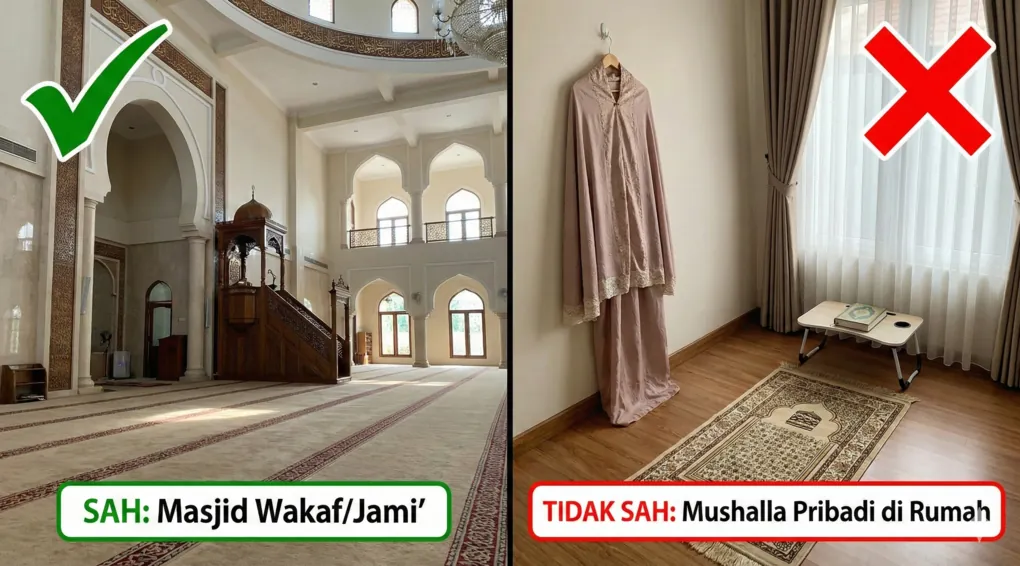 Syarat Sah dan Rukun I'tikaf Secara Rinci Menurut Fiqih Syafi'i 3 Gambar perbandingan layar terbagi (split-screen) yang menunjukkan tempat i'tikaf yang sah (interior masjid jami' dengan tanda centang hijau) dan tempat yang tidak sah (mushalla pribadi di dalam rumah dengan tanda silang merah).