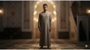 Home 21 Serene Muslim man standing upright in perfect I'tidal posture with arms resting naturally during prayer inside a dimly lit mosque.
