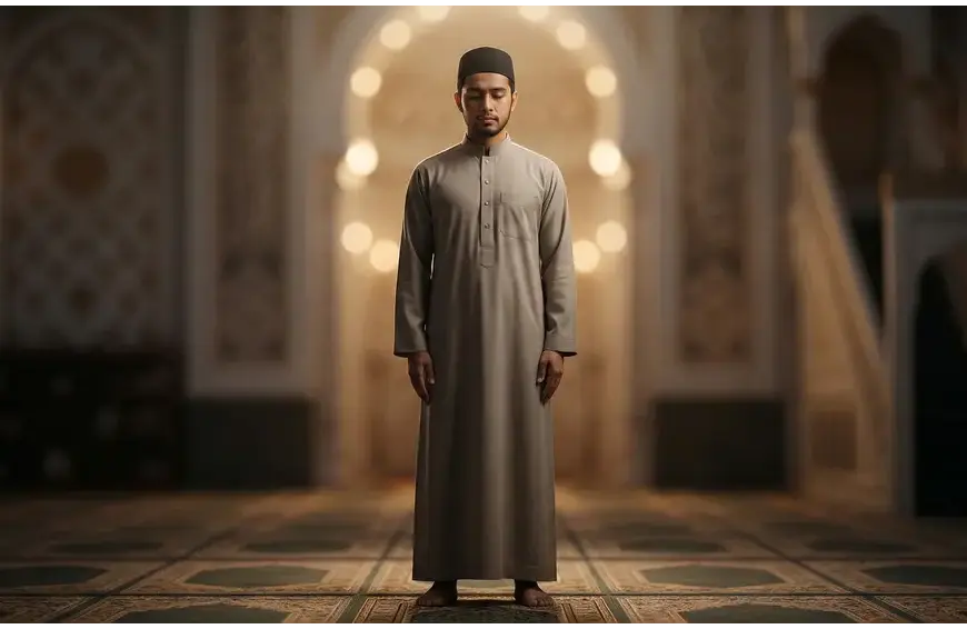 Serene Muslim man standing upright in perfect I'tidal posture with arms resting naturally during prayer inside a dimly lit mosque.