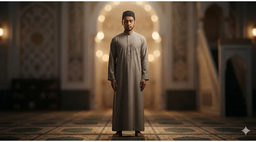Serene Muslim man standing upright in perfect I'tidal posture with arms resting naturally during prayer inside a dimly lit mosque.
