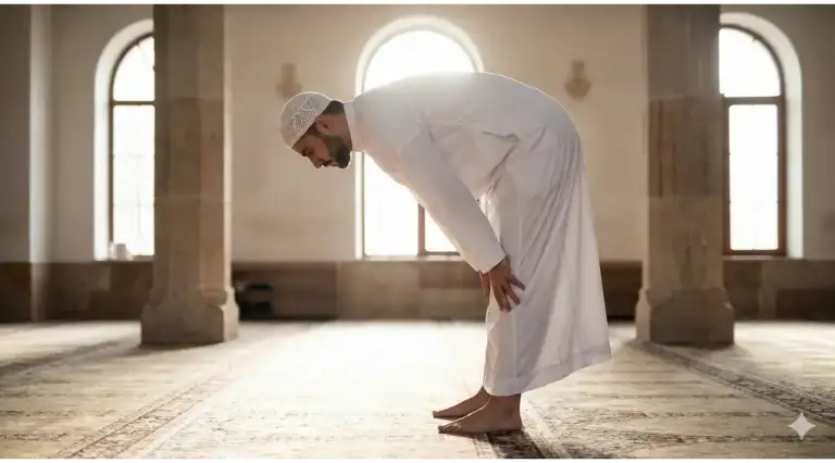 Home 1 A Muslim man demonstrating the perfect Ruku posture in prayer, featuring a straight back level with the neck and hands grasping the knees.