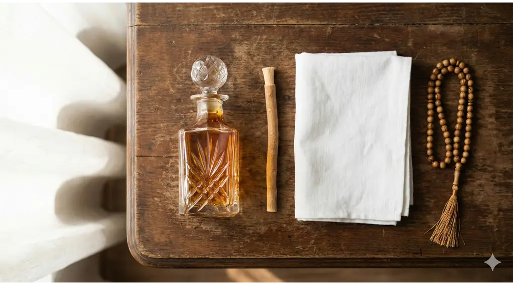 Pakaian Penuntut Ilmu: Sunnah Putih, Bersih & Wangi (Kajian Hadits Jibril) 3 Foto flat lay (tampak atas) di atas meja kayu antik yang menampilkan benda-benda pendukung sunnah fitrah dan ibadah: botol kristal berisi minyak wangi attar amber, kayu siwak, kain linen putih terlipat rapi, dan tasbih kayu.