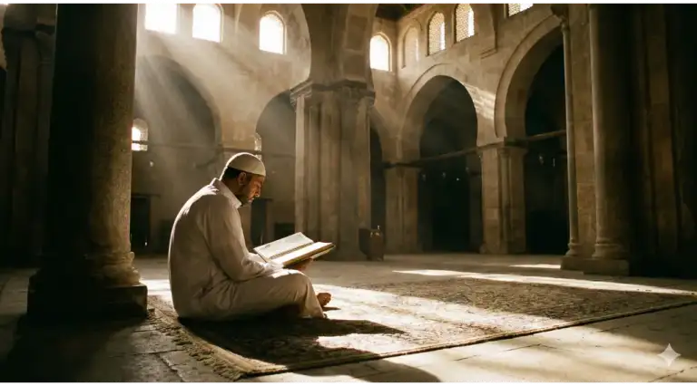 Home 1 A Muslim man sitting alone reading the Quran inside a grand mosque, representing the primary pillar of I'tikaf (al-mukth).