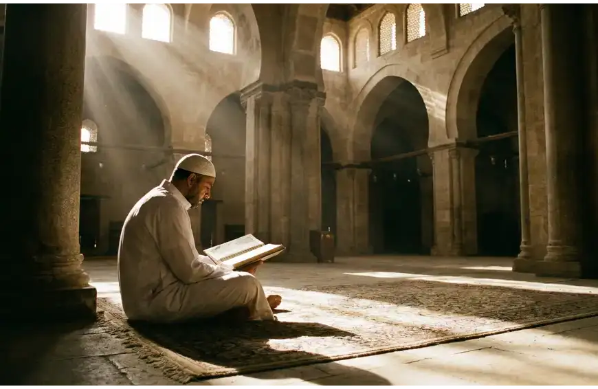 Home 43 A Muslim man sitting alone reading the Quran inside a grand mosque, representing the primary pillar of I'tikaf (al-mukth).