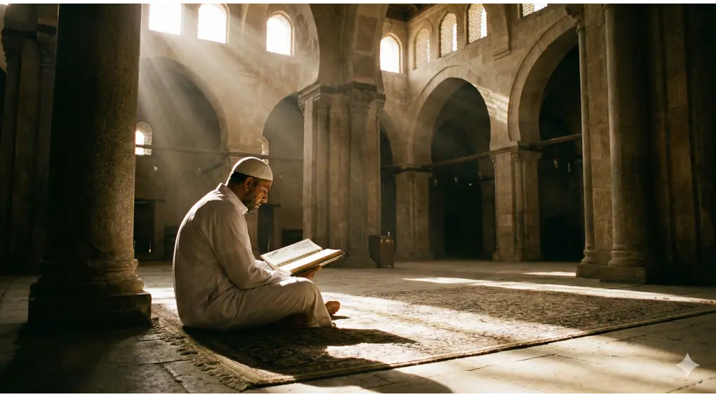 The Valid Conditions and 4 Pillars of I'tikaf in Shafi'i Fiqh 1 A Muslim man sitting alone reading the Quran inside a grand mosque, representing the primary pillar of I'tikaf (al-mukth).
