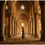 A silhouette of a Muslim man performing Salah surrounded by grand mosque pillars, representing the structural Rukun of prayer in Islam.