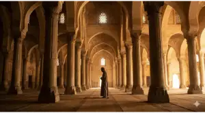 Home 19 A silhouette of a Muslim man performing Salah surrounded by grand mosque pillars, representing the structural Rukun of prayer in Islam.